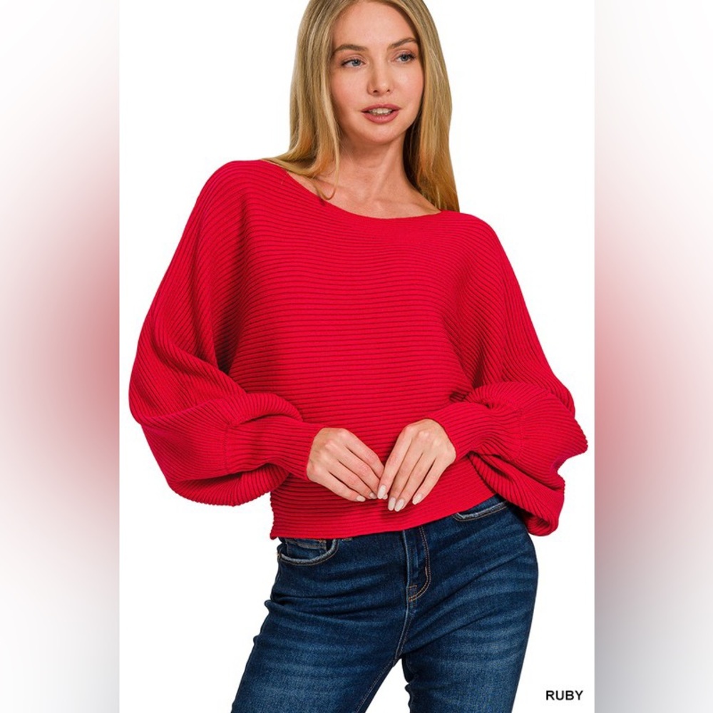 Boat Neck Ballon Sleeve Sweater in Ruby